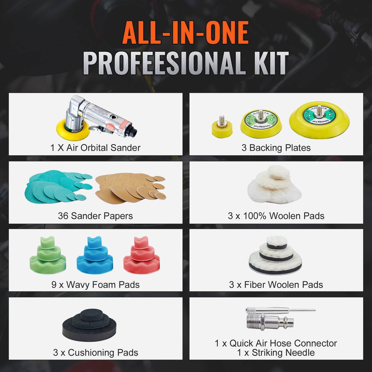 Mini-Luftschleifer, 1"/2"/3" Exzenterschleifer, 15000 U/min Hochgeschwindigkeits-Mini-Druckluftschleif-Poliermaschine für Karosseriearbeiten, 58-teiliges luftbetriebenes Schleifset mit gewellten Schwämmen, Schleifpapier, Wollpad