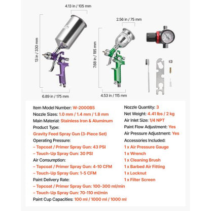 3-delat luftsprutpistolset, professionellt sprutpistolset för bilfärg med 3 munstycken (1/1,4/1,8 mm), 3 koppar och luftregulator, självtrycksmatning för bilfärgspruta för primer, täcklack och bättringslackering |  EU