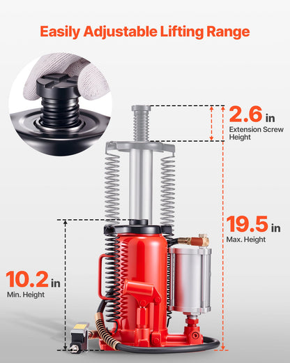 Air Hydraulic Bottle Jack, 20 Ton (44092 lbs) Capacity, 10.2-19.5 Inch Lifting Range, Pneumatic/Manual Heavy Duty Welded Bottle Jack with Pump for Car, SUV, Pickup, Truck, RV, Auto Repair, Red