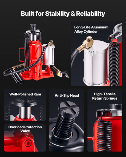 Air Hydraulic Bottle Jack, 20 Ton (44092 lbs) Capacity, 10.2-19.5 Inch Lifting Range, Pneumatic/Manual Heavy Duty Welded Bottle Jack with Pump for Car, SUV, Pickup, Truck, RV, Auto Repair, Red