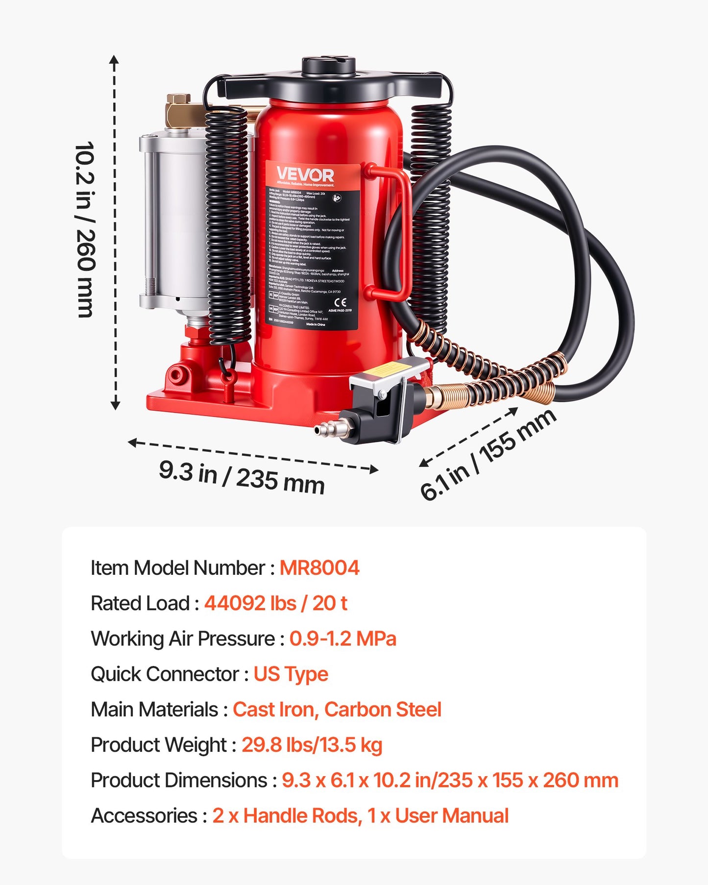 Air Hydraulic Bottle Jack, 20 Ton (44092 lbs) Capacity, 10.2-19.5 Inch Lifting Range, Pneumatic/Manual Heavy Duty Welded Bottle Jack with Pump for Car, SUV, Pickup, Truck, RV, Auto Repair, Red