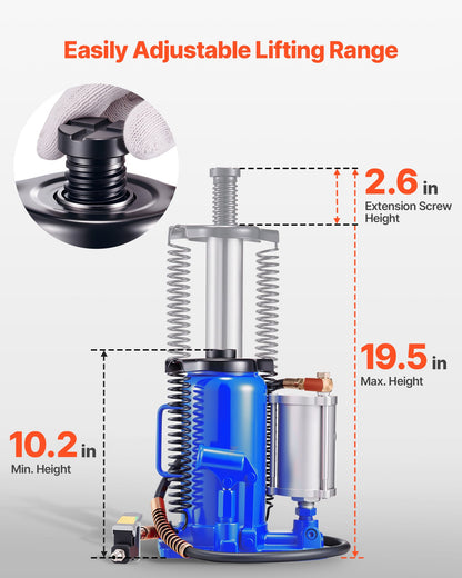 Air Hydraulic Bottle Jack, 20 Ton (44092 lbs) Capacity, 10.2-19.5 Inch Lifting Range, Pneumatic/Manual Heavy Duty Welded Bottle Jack with Pump for Car, SUV, Pickup, Truck, RV, Auto Repair, Blue