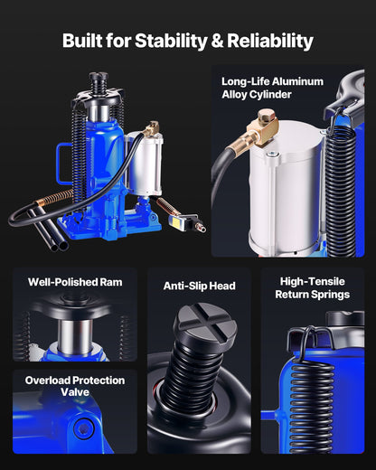 Air Hydraulic Bottle Jack, 20 Ton (44092 lbs) Capacity, 10.2-19.5 Inch Lifting Range, Pneumatic/Manual Heavy Duty Welded Bottle Jack with Pump for Car, SUV, Pickup, Truck, RV, Auto Repair, Blue