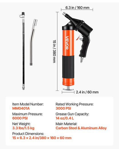 Grease Gun, Continuous Cycle Heavy Duty 6000 PSI High Pressure, Pistol Grip Grease Gun Kit with 14 oz Capacity, Includes 18-Inch Flex Hose, 1 Extension Rigid Pipe, 2 Flat Nozzles for Automotive