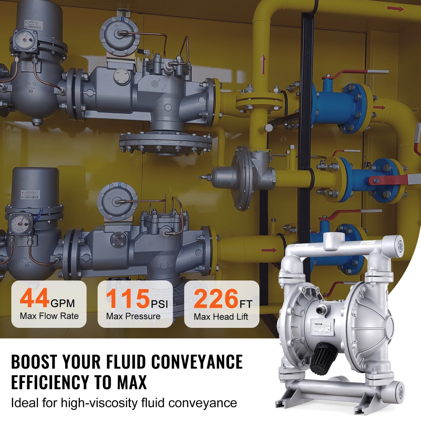 Air Operated Double Diaphragm Pump, 44GPM, Max 115PSI Air Waste Oil Pneumatic Transfer Pump with 2 Extra Diaphragms, 1-1/2 inch Inlet & Outlet Aluminum Alloy Diaphragm Pump for Diesel Grease Oil