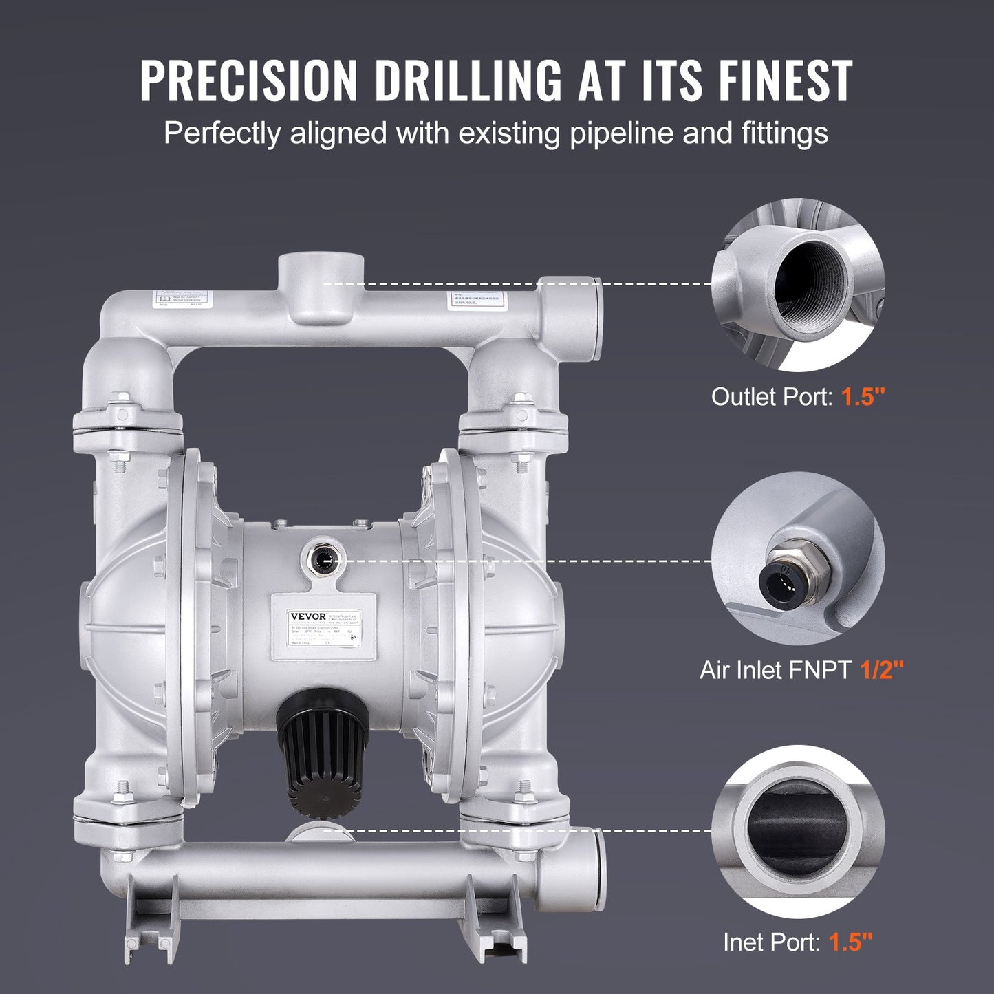 Air Operated Double Diaphragm Pump, 44GPM, Max 115PSI Air Waste Oil Pneumatic Transfer Pump with 2 Extra Diaphragms, 1-1/2 inch Inlet & Outlet Aluminum Alloy Diaphragm Pump for Diesel Grease Oil