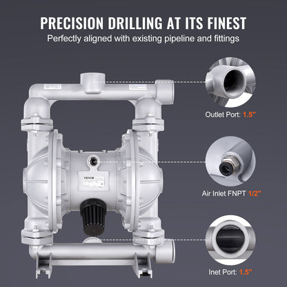 Air Operated Double Diaphragm Pump, 44GPM, Max 115PSI Air Waste Oil Pneumatic Transfer Pump with 2 Extra Diaphragms, 1-1/2 inch Inlet & Outlet Aluminum Alloy Diaphragm Pump for Diesel Grease Oil