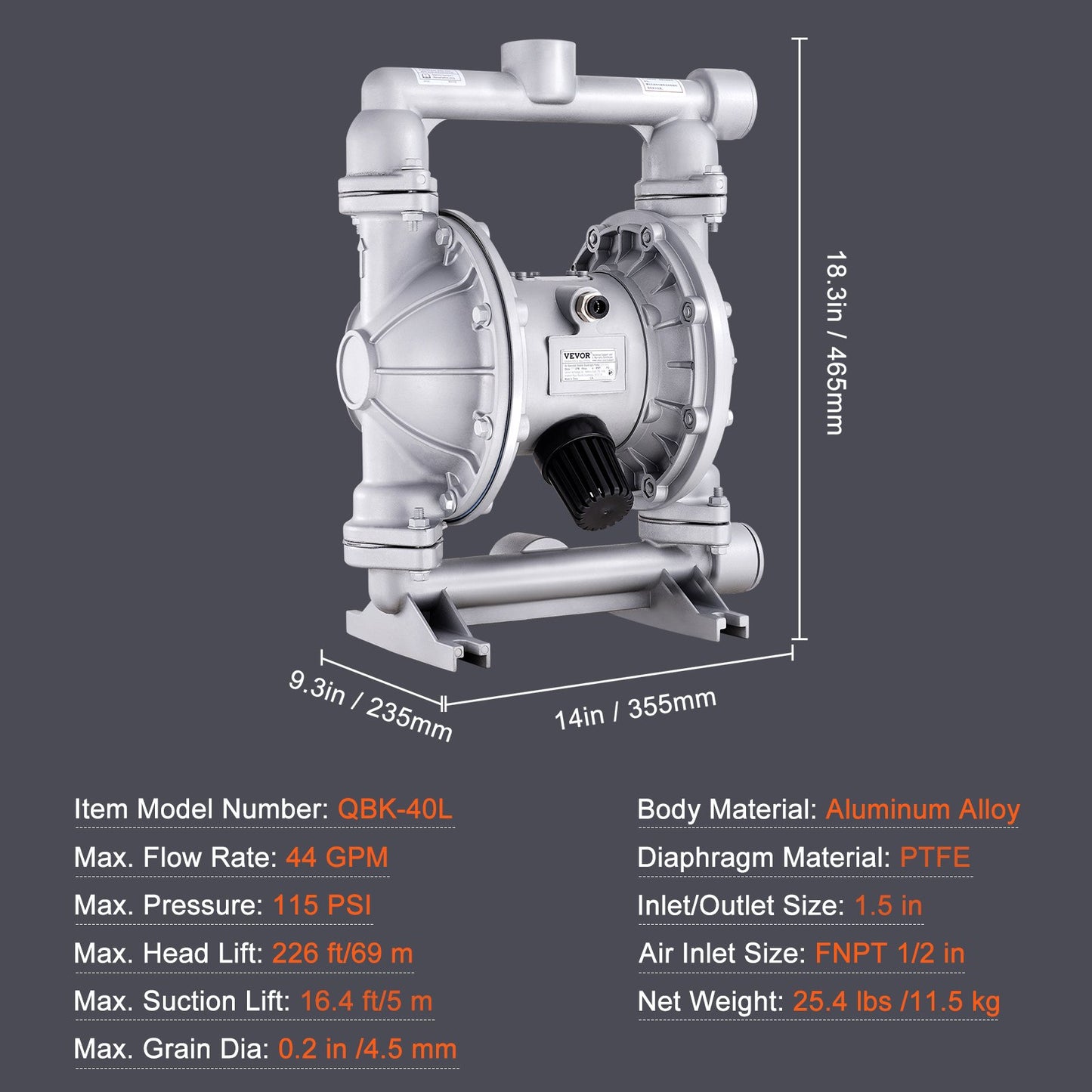 Air Operated Double Diaphragm Pump, 44GPM, Max 115PSI Air Waste Oil Pneumatic Transfer Pump with 2 Extra Diaphragms, 1-1/2 inch Inlet & Outlet Aluminum Alloy Diaphragm Pump for Diesel Grease Oil