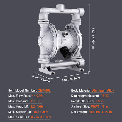 Air Operated Double Diaphragm Pump, 44GPM, Max 115PSI Air Waste Oil Pneumatic Transfer Pump with 2 Extra Diaphragms, 1-1/2 inch Inlet & Outlet Aluminum Alloy Diaphragm Pump for Diesel Grease Oil