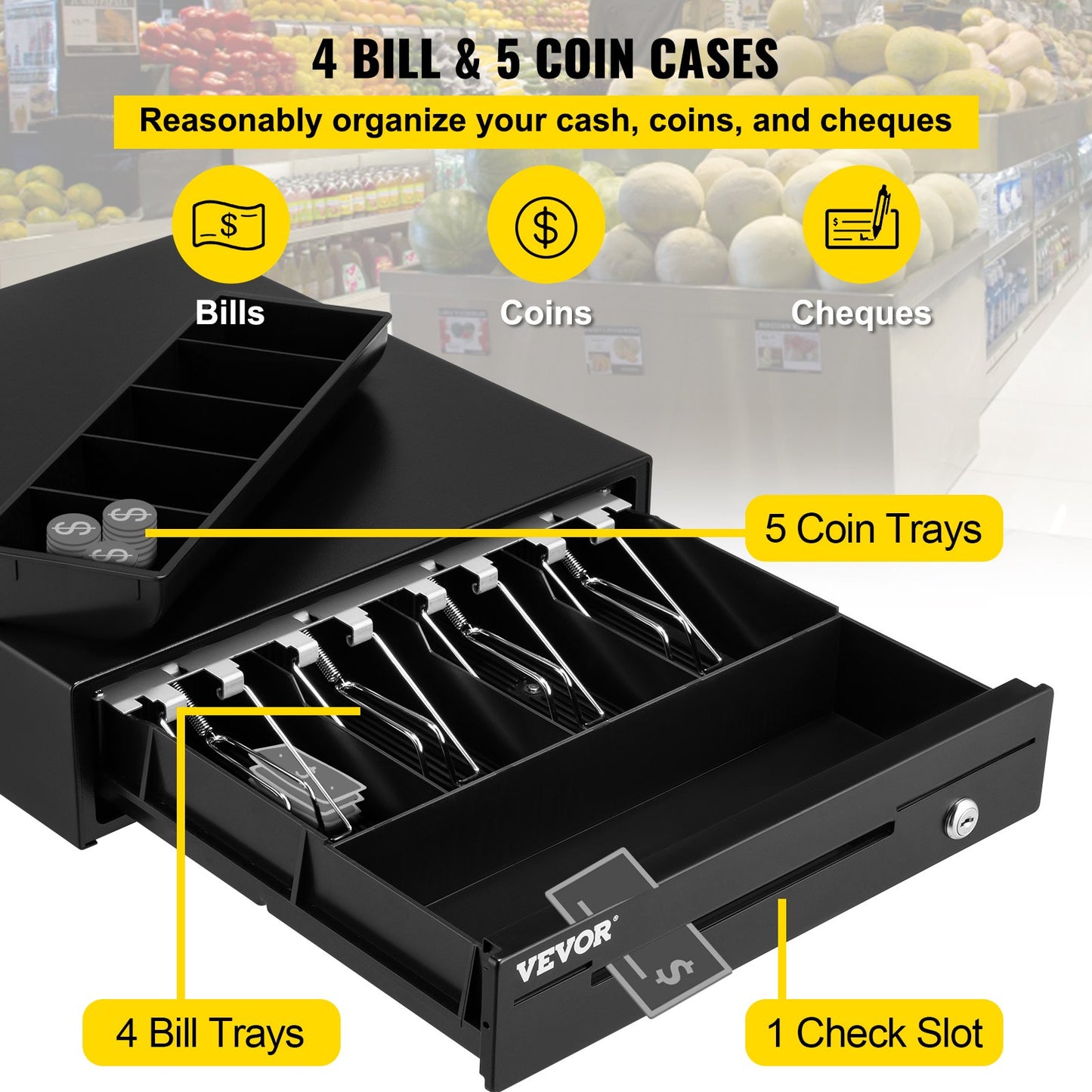Cash Register Drawer, 13\" 12 V, for POS System with 4 Bill 5 Coin Cash Tray, Removable Coin Compartment & 2 Keys Included, RJ11/RJ12 Cable for Supermarket, Bar, Coffee Shop, Restaurant