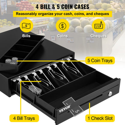 Cash Register Drawer, 13\" 12 V, for POS System with 4 Bill 5 Coin Cash Tray, Removable Coin Compartment & 2 Keys Included, RJ11/RJ12 Cable for Supermarket, Bar, Coffee Shop, Restaurant