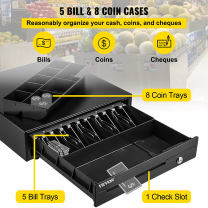 Cash Register Drawer, 16\" 12 V, for POS System with 5 Bill 8 Coin Cash Tray, Movable Coin Compartment & 2 Keys Included, RJ11/RJ12 Cable for Supermarket, Bar, Coffee Shop, Restaurant (USD Only)