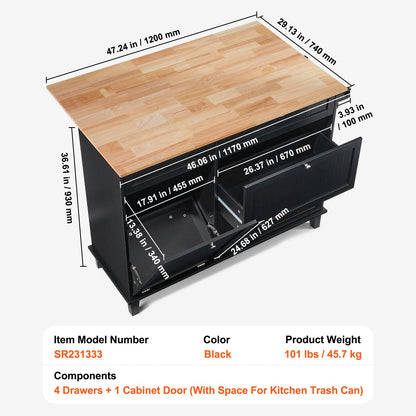 Kitchen Island Cart, 50" Wood Top Breakfast Bar with Trash Cabinet Tilt Out 10 Gallon Storage, Farmhouse Dining Living Room Table with Drop Leaf, Towel Bar, Drawer, Black