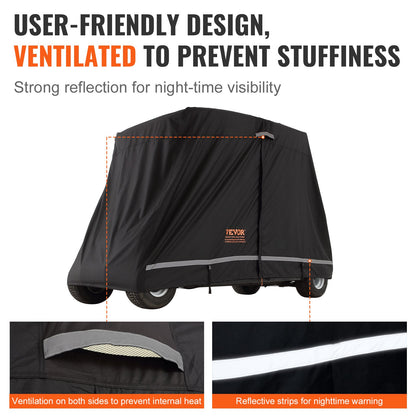 Golfwagen-Abdeckung für 4 Passagiere, 600D Polyester, vollständige Abdeckung, universell passend für die meisten Marken von Clubwagen-Abdeckungen, wasserdicht, sonnen- und staubdicht, für den Außenbereich, mit drei Reißverschlüssen, schwarz
