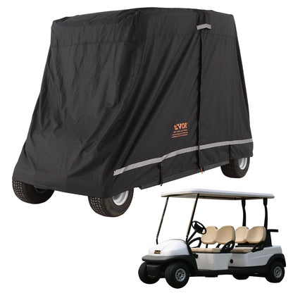 Golfwagen-Abdeckung für 4 Passagiere, 600D Polyester, vollständige Abdeckung, universell passend für die meisten Marken von Clubwagen-Abdeckungen, wasserdicht, sonnen- und staubdicht, für den Außenbereich, mit drei Reißverschlüssen, schwarz