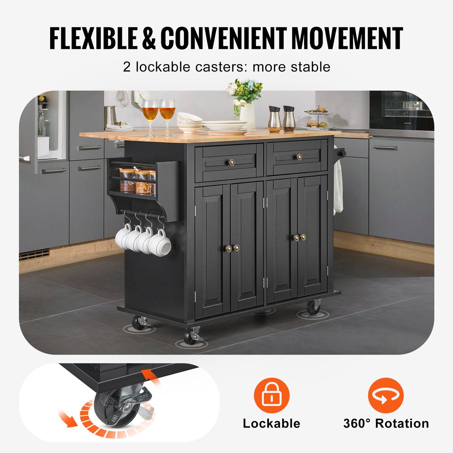 Kitchen Island Cart, 43" Wood Top Mobile Carts with Storage Cabinet, Rolling Table with Drop Leaf, Spice Rack, Towel Bar, Adjustable Shelf, Drawer, and Hooks, Portable Islands on Wheels, Black