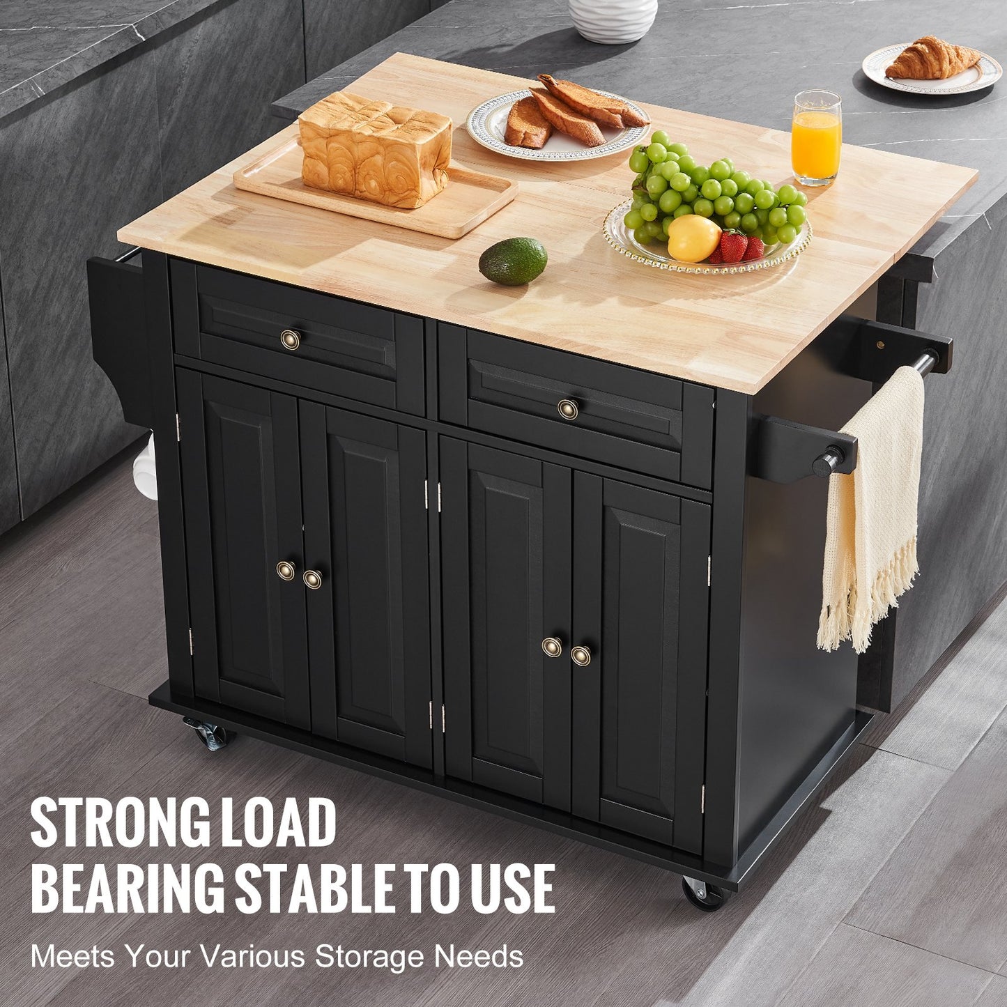 Kitchen Island Cart, 43" Wood Top Mobile Carts with Storage Cabinet, Rolling Table with Drop Leaf, Spice Rack, Towel Bar, Adjustable Shelf, Drawer, and Hooks, Portable Islands on Wheels, Black