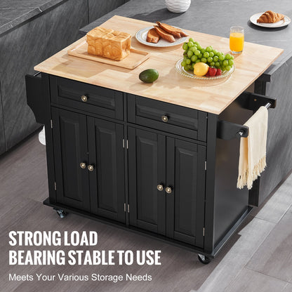 Kitchen Island Cart, 43" Wood Top Mobile Carts with Storage Cabinet, Rolling Table with Drop Leaf, Spice Rack, Towel Bar, Adjustable Shelf, Drawer, and Hooks, Portable Islands on Wheels, Black