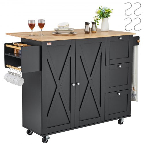 Kitchen Island Cart, 56" Wood Top Mobile Carts with Storage Cabinet, Rolling Table with Drop Leaf, Spice Rack, Towel Bar, Adjustable Shelf, Drawer, and Hooks, Portable Islands on Wheels, Black