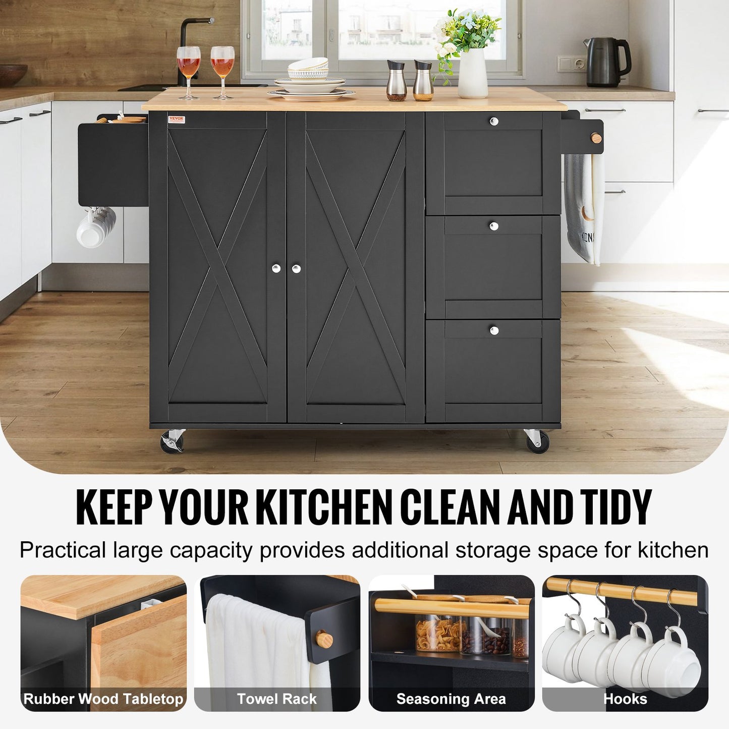 Kitchen Island Cart, 56" Wood Top Mobile Carts with Storage Cabinet, Rolling Table with Drop Leaf, Spice Rack, Towel Bar, Adjustable Shelf, Drawer, and Hooks, Portable Islands on Wheels, Black