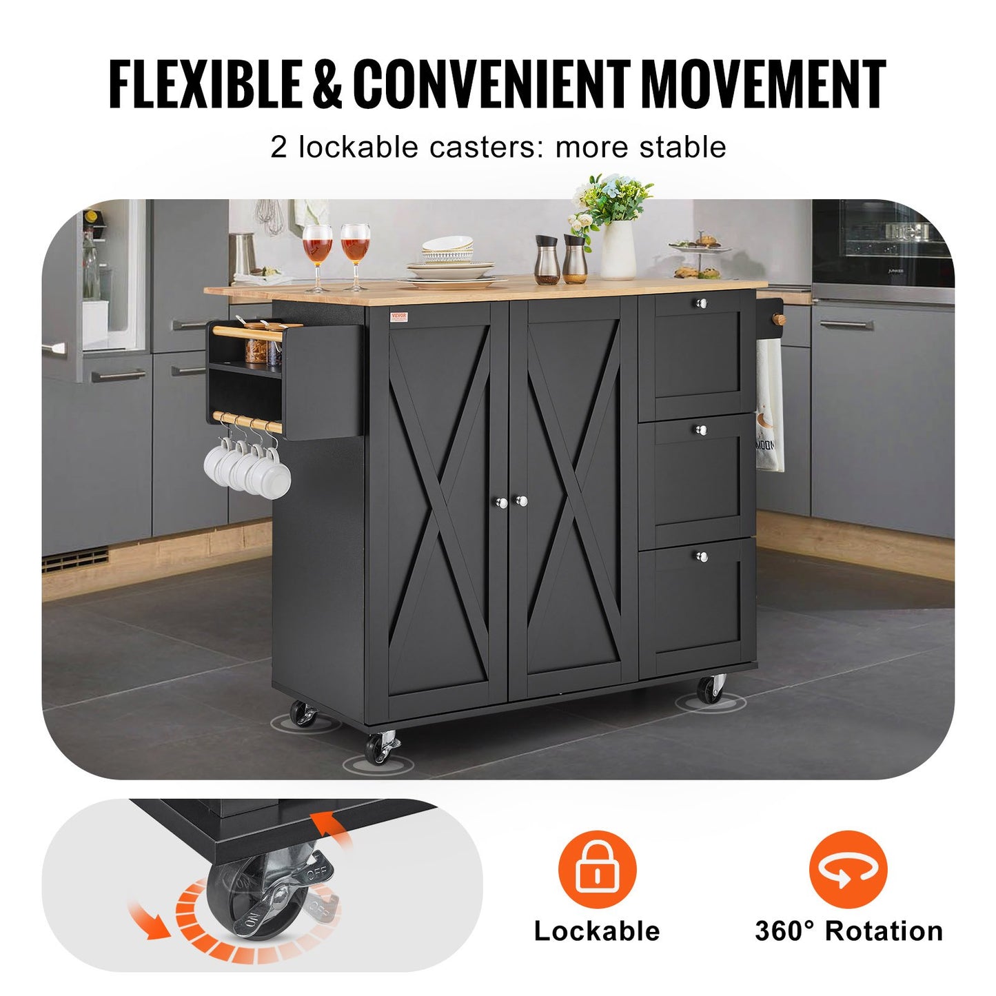 Kitchen Island Cart, 56" Wood Top Mobile Carts with Storage Cabinet, Rolling Table with Drop Leaf, Spice Rack, Towel Bar, Adjustable Shelf, Drawer, and Hooks, Portable Islands on Wheels, Black