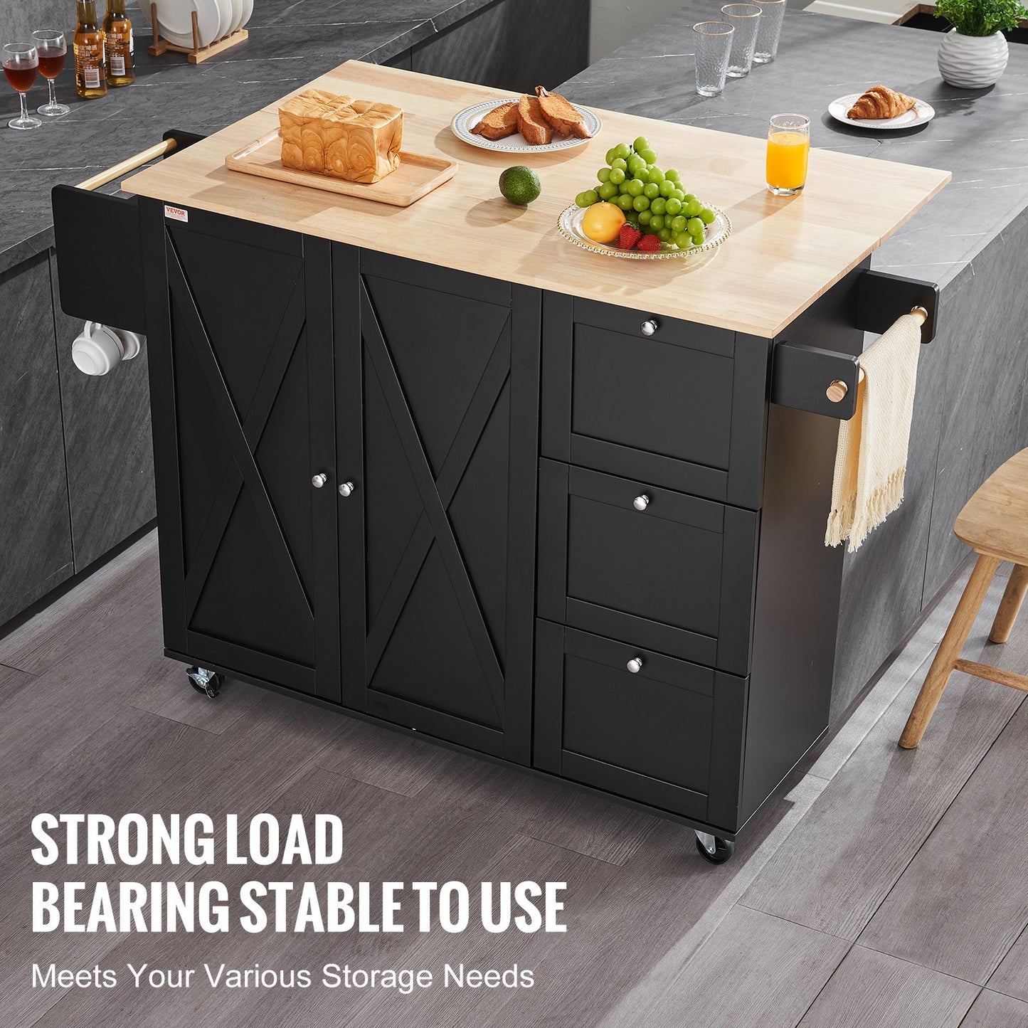 Kitchen Island Cart, 56" Wood Top Mobile Carts with Storage Cabinet, Rolling Table with Drop Leaf, Spice Rack, Towel Bar, Adjustable Shelf, Drawer, and Hooks, Portable Islands on Wheels, Black