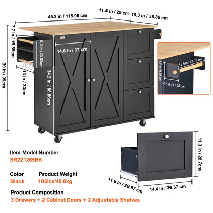 Kitchen Island Cart, 56" Wood Top Mobile Carts with Storage Cabinet, Rolling Table with Drop Leaf, Spice Rack, Towel Bar, Adjustable Shelf, Drawer, and Hooks, Portable Islands on Wheels, Black