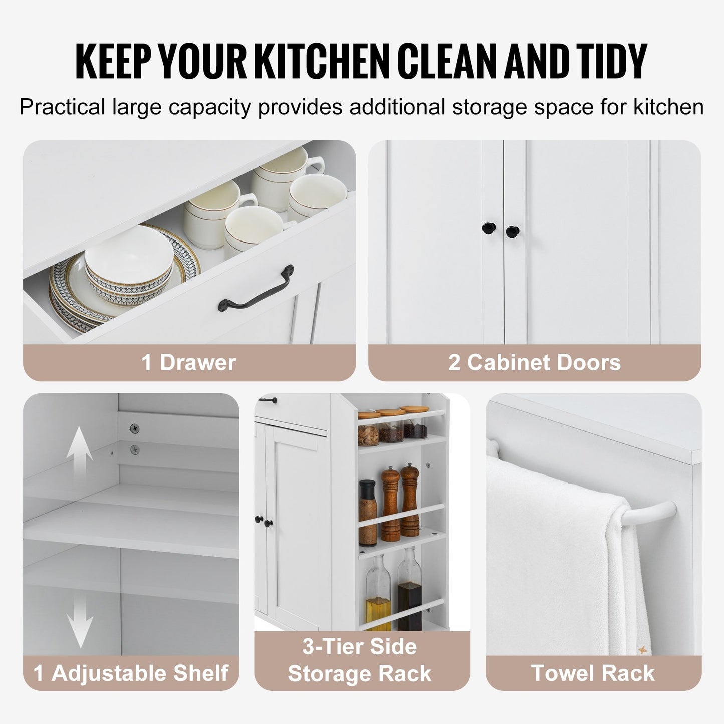 Kitchen Island Cart, 32" Mobile Carts with Storage Cabinet, Rolling Table with Power Outlet, Spice Rack, Towel Bar, Adjustable Shelf, Drawer, Dining Living Room Portable Islands on Wheels, White