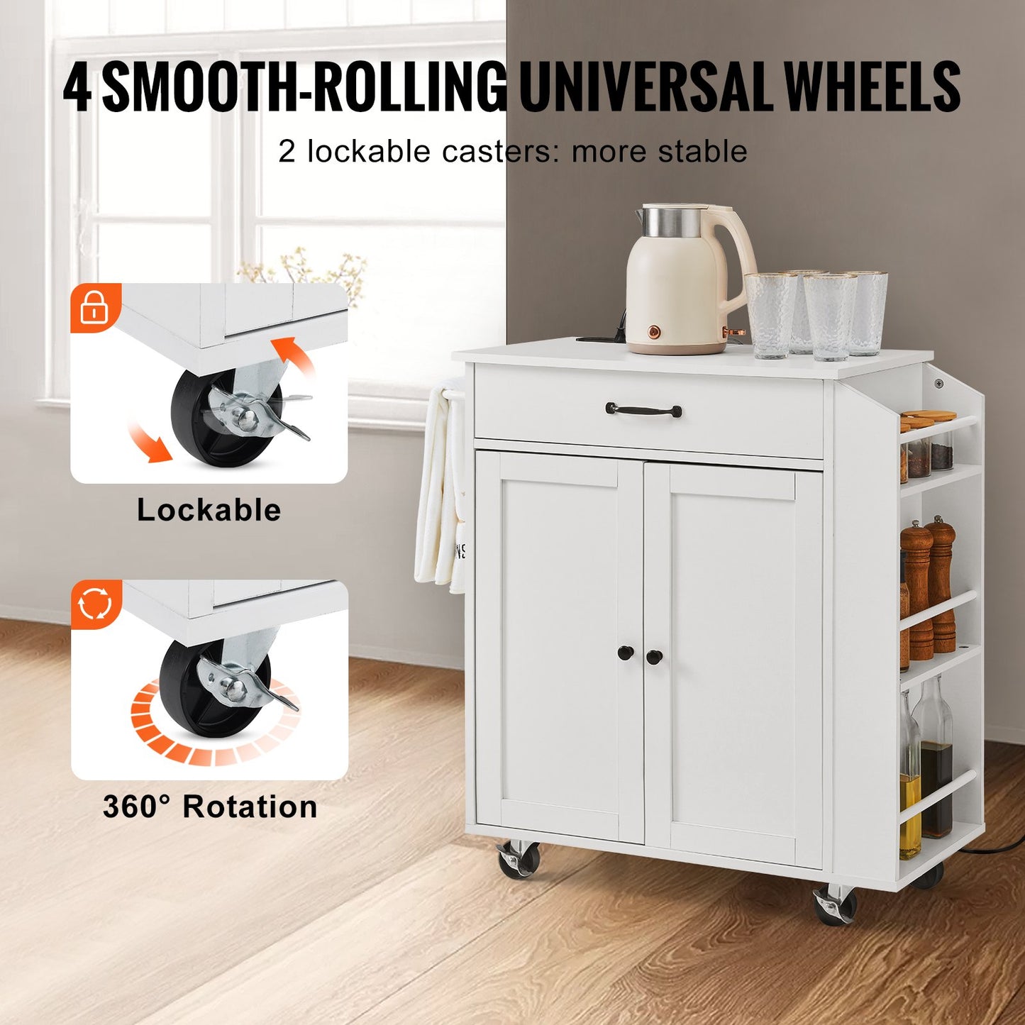 Kitchen Island Cart, 32" Mobile Carts with Storage Cabinet, Rolling Table with Power Outlet, Spice Rack, Towel Bar, Adjustable Shelf, Drawer, Dining Living Room Portable Islands on Wheels, White