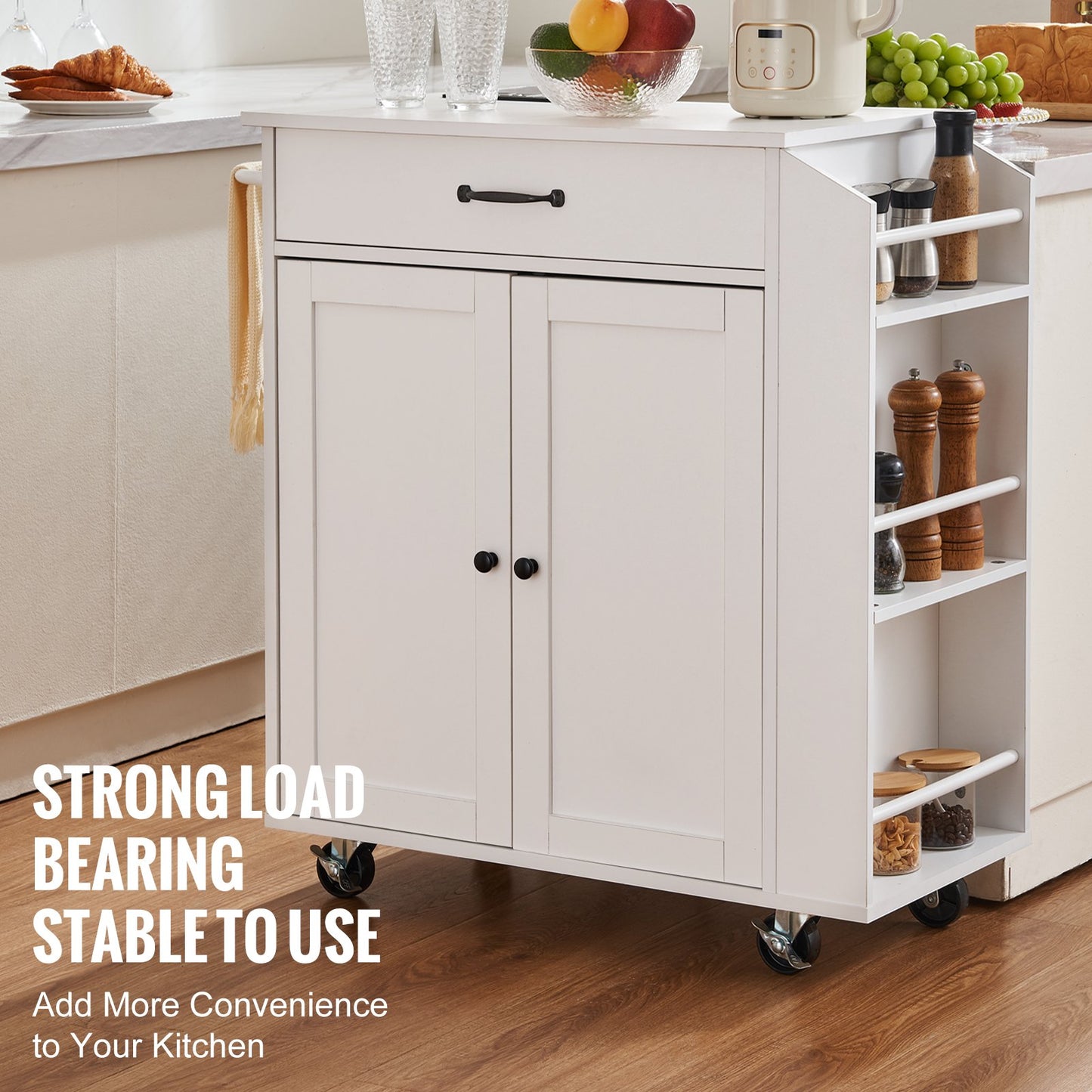 Kitchen Island Cart, 32" Mobile Carts with Storage Cabinet, Rolling Table with Power Outlet, Spice Rack, Towel Bar, Adjustable Shelf, Drawer, Dining Living Room Portable Islands on Wheels, White