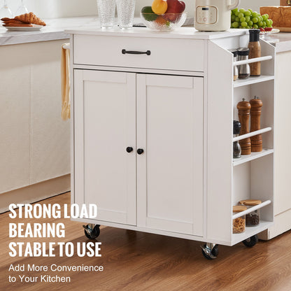 Kitchen Island Cart, 32" Mobile Carts with Storage Cabinet, Rolling Table with Power Outlet, Spice Rack, Towel Bar, Adjustable Shelf, Drawer, Dining Living Room Portable Islands on Wheels, White