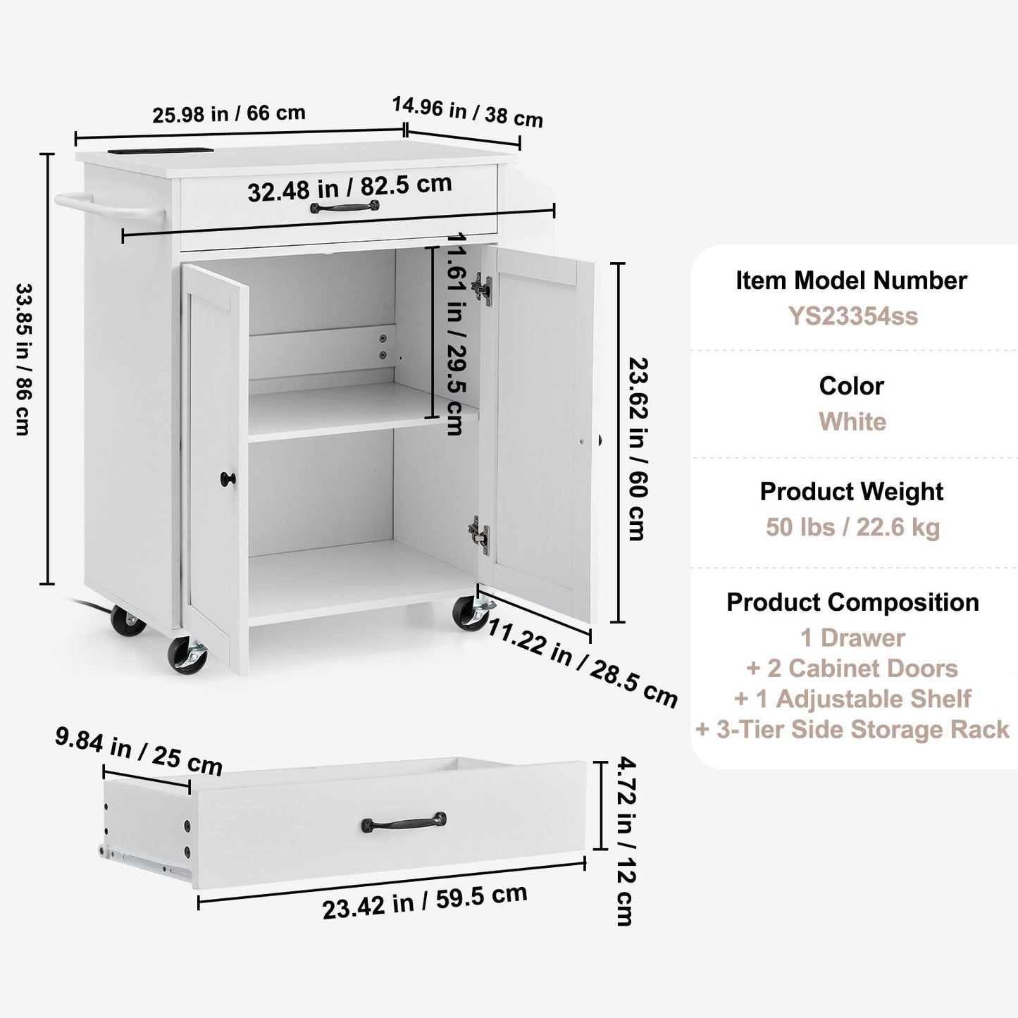 Kitchen Island Cart, 32" Mobile Carts with Storage Cabinet, Rolling Table with Power Outlet, Spice Rack, Towel Bar, Adjustable Shelf, Drawer, Dining Living Room Portable Islands on Wheels, White
