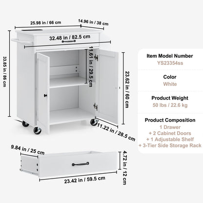 Kitchen Island Cart, 32" Mobile Carts with Storage Cabinet, Rolling Table with Power Outlet, Spice Rack, Towel Bar, Adjustable Shelf, Drawer, Dining Living Room Portable Islands on Wheels, White