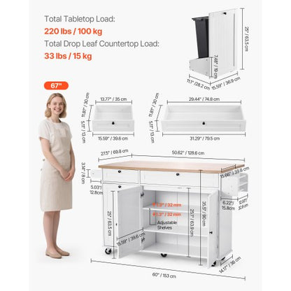 153 cm Kücheninselwagen mit Rollregal, Schrank, Tisch, Schublade, Klappplatte