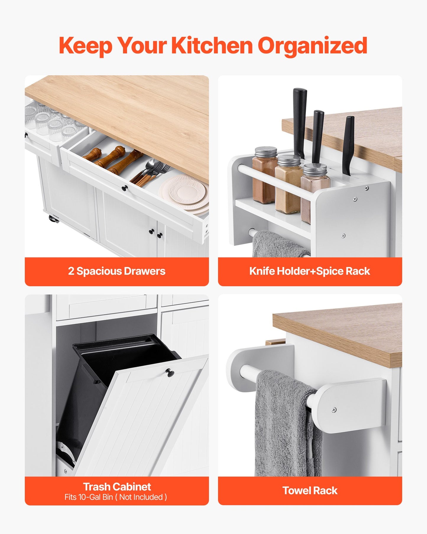 Kitchen Island Cart with Storage, 60in Wide Mobile Kitchen Cart with Wheels, Drop Leaf, 2 Drawers, Trash Can Cabinet, Knife Holder, Spice Rack, and Towel Rack, Table for Dining Room, Pantry