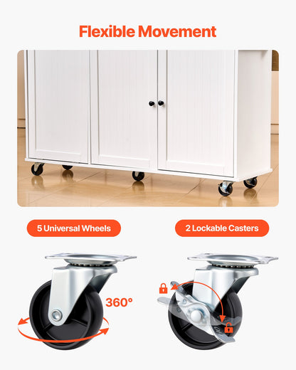 Kitchen Island Cart with Storage, 60in Wide Mobile Kitchen Cart with Wheels, Drop Leaf, 2 Drawers, Trash Can Cabinet, Knife Holder, Spice Rack, and Towel Rack, Table for Dining Room, Pantry