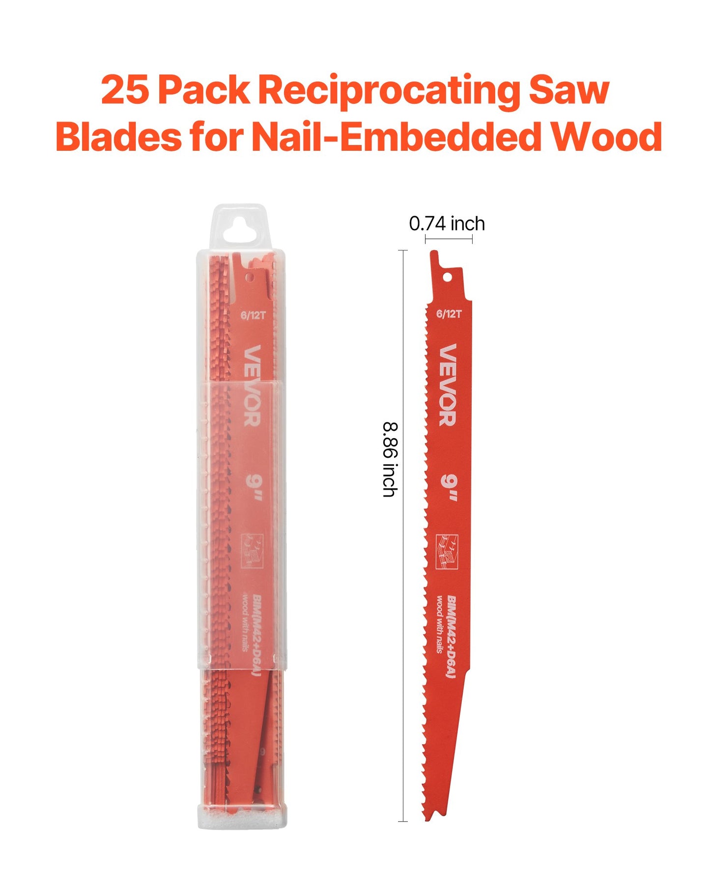 Reciprocating Saw Blades, 25 Pack, 6/12 TPI Bi-Metal Reciprocating Saw Blade Set with Universal Shank, Sharp Teeth for Fast and Smooth Cuts, for Wood and Nail-Embedded Wood Demolition, Orange