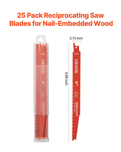 Reciprocating Saw Blades, 25 Pack, 6/12 TPI Bi-Metal Reciprocating Saw Blade Set with Universal Shank, Sharp Teeth for Fast and Smooth Cuts, for Wood and Nail-Embedded Wood Demolition, Orange