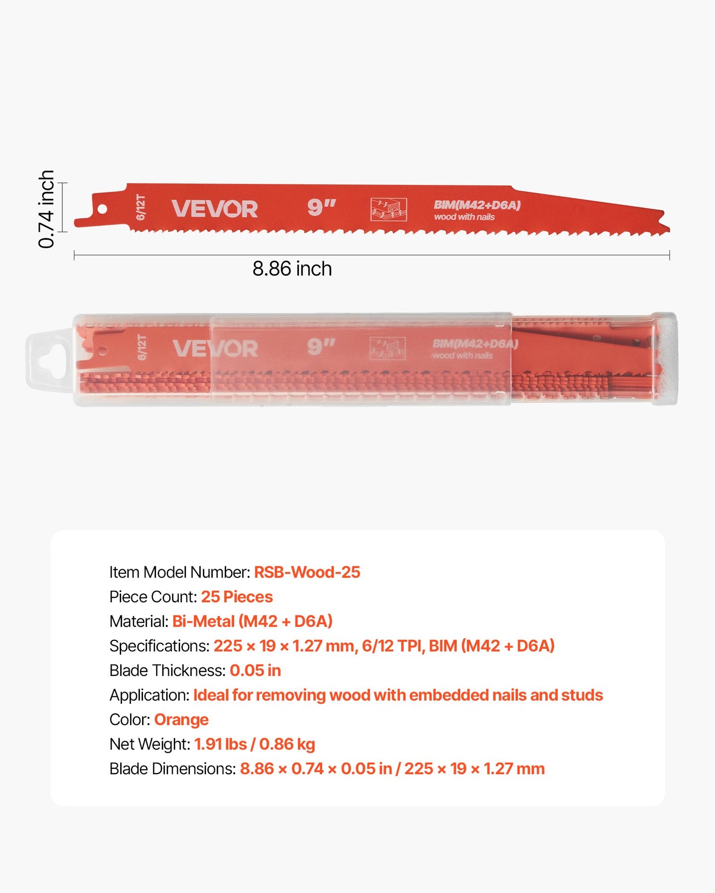 Reciprocating Saw Blades, 25 Pack, 6/12 TPI Bi-Metal Reciprocating Saw Blade Set with Universal Shank, Sharp Teeth for Fast and Smooth Cuts, for Wood and Nail-Embedded Wood Demolition, Orange