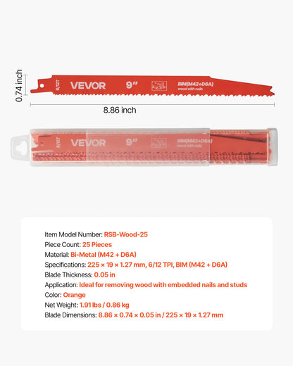 Reciprocating Saw Blades, 25 Pack, 6/12 TPI Bi-Metal Reciprocating Saw Blade Set with Universal Shank, Sharp Teeth for Fast and Smooth Cuts, for Wood and Nail-Embedded Wood Demolition, Orange