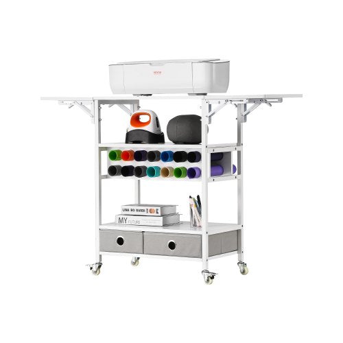 Rolling Craft Cart and Storage Table, Compatible with Cricut Machines, Collapsible Cricut Table with Foldable Sides, Craft Rolling Storage Organizer with 14 Vinyl Roll Holders and 2 Drawers