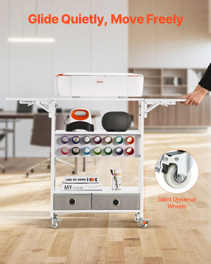 Rollbarer Bastelwagen und Aufbewahrungstisch, 14 Vinylrollenhalter, 2 Schubladen, faltbar