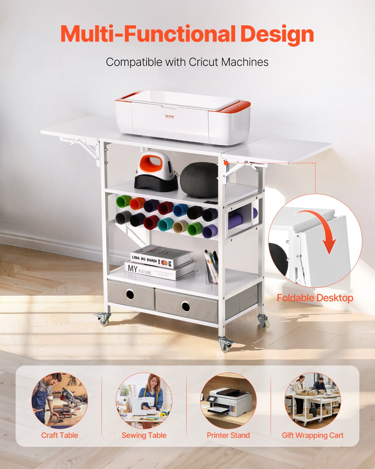 Rollbarer Bastelwagen und Aufbewahrungstisch, 14 Vinylrollenhalter, 2 Schubladen, faltbar
