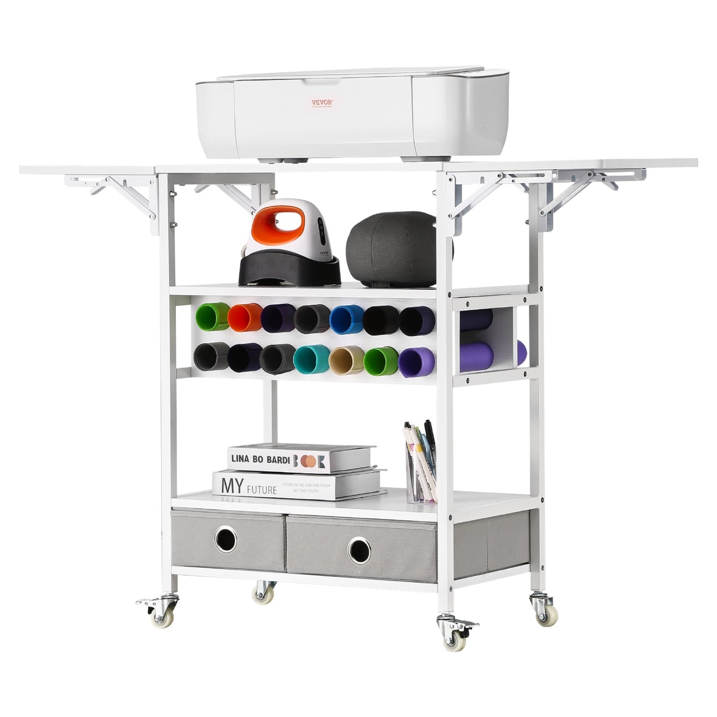 Rolling Craft Cart and Storage Table, Compatible with Cricut Machines, Collapsible Cricut Table with Foldable Sides, Craft Rolling Storage Organizer with 14 Vinyl Roll Holders and 2 Drawers