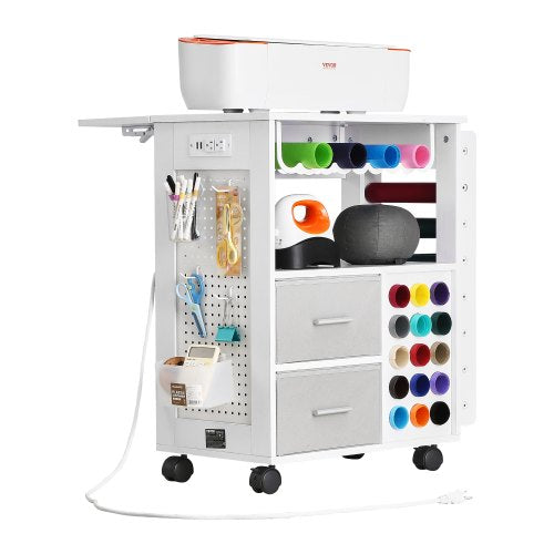 Rolling Craft Cart and Storage Table, Compatible with Cricut Machines, Crafting Table Organization Workstation with 2 USB Ports and Outlets, 15 Vinyl Roll Holders and 2 Drawers, for Craft Room