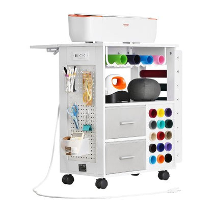 Rolling Craft Cart and Storage Table, Compatible with Cricut Machines, Crafting Table Organization Workstation with 2 USB Ports and Outlets, 15 Vinyl Roll Holders and 2 Drawers, for Craft Room