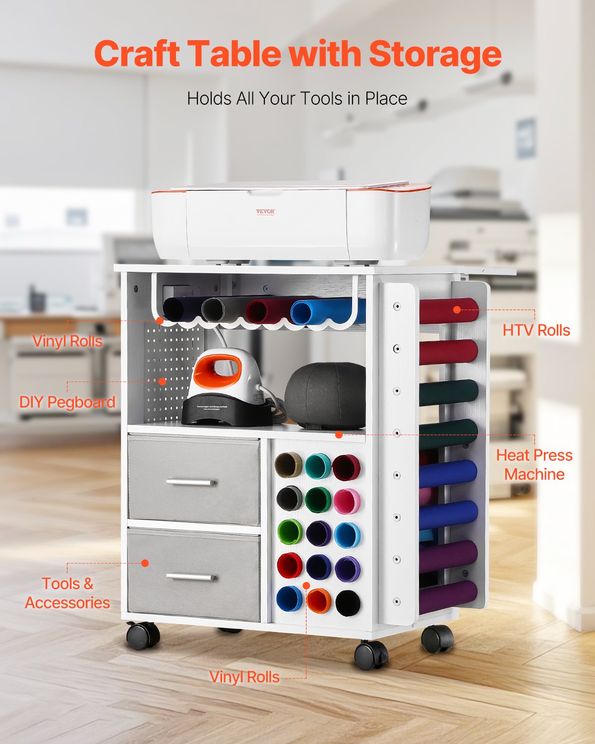 Rolling Craft Cart and Storage Table, Compatible with Cricut Machines, Crafting Table Organization Workstation with 2 USB Ports and Outlets, 15 Vinyl Roll Holders and 2 Drawers, for Craft Room