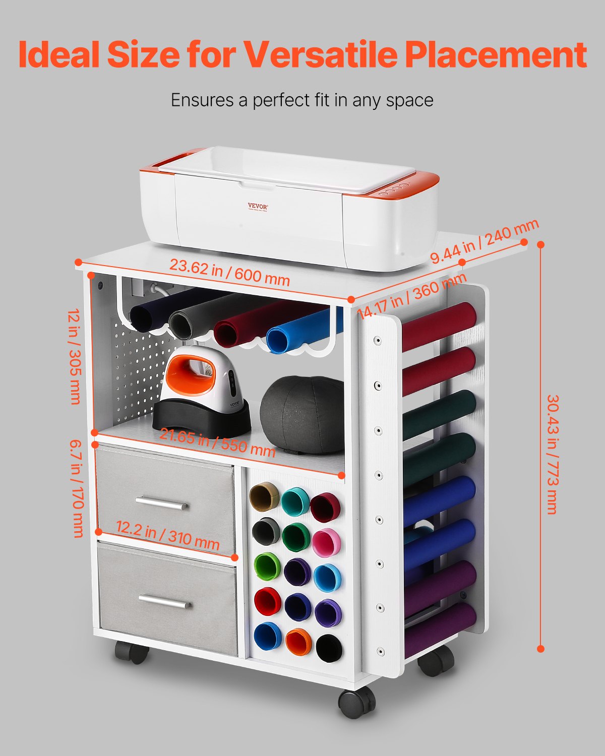 Rolling Craft Cart and Storage Table, Compatible with Cricut Machines, Crafting Table Organization Workstation with 2 USB Ports and Outlets, 15 Vinyl Roll Holders and 2 Drawers, for Craft Room