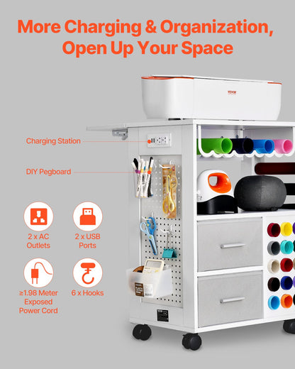 Rolling Craft Cart and Storage Table, Compatible with Cricut Machines, Crafting Table Organization Workstation with 2 USB Ports and Outlets, 15 Vinyl Roll Holders and 2 Drawers, for Craft Room