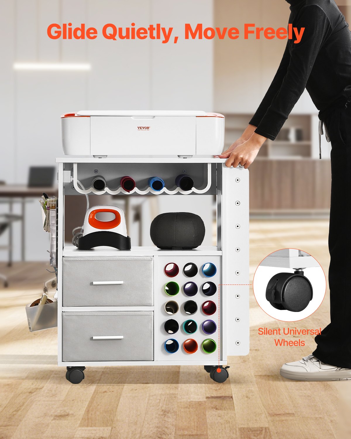 Rolling Craft Cart and Storage Table, Compatible with Cricut Machines, Crafting Table Organization Workstation with 2 USB Ports and Outlets, 15 Vinyl Roll Holders and 2 Drawers, for Craft Room